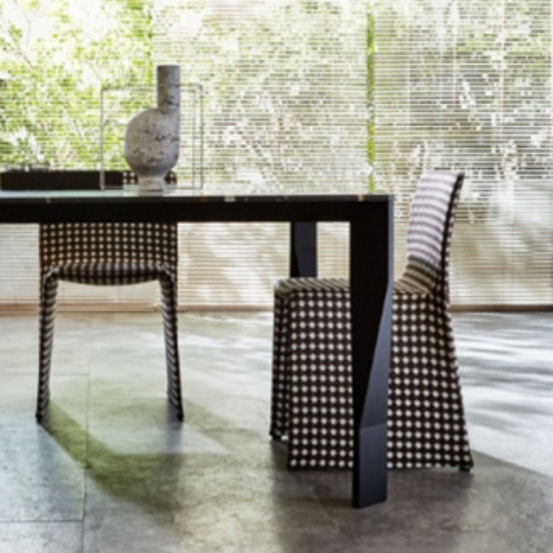 Rectangular Black Stone Table Top Dining Table with 4 Foot Metal Base