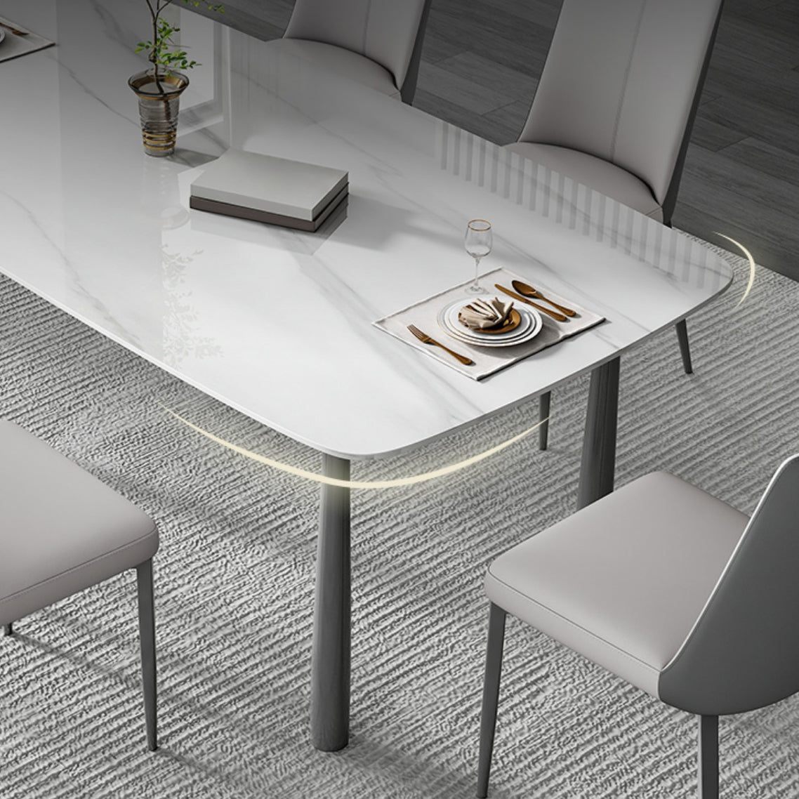 Contemporary Rectangular Stone Dining Table with Stainless Steel Legs