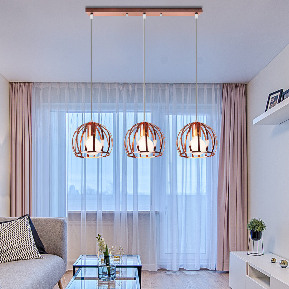 Domed Metal Hanging Lamp with Wire Cage Shade Industrial 3 Heads Living Room Ceiling Pendant in Copper