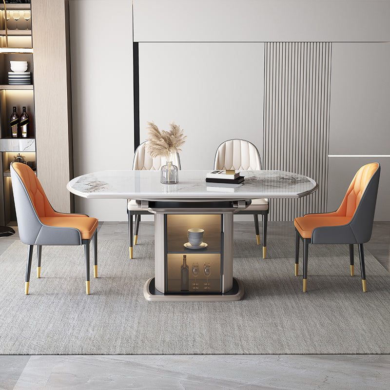 Stone Tabletop Round Extendable Dining Table in White with Storage