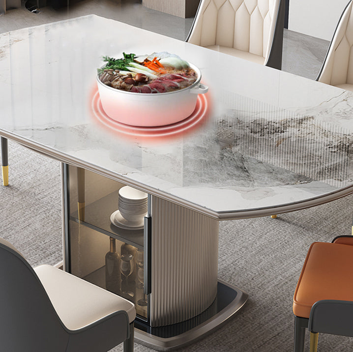 Stone Tabletop Round Extendable Dining Table in White with Storage
