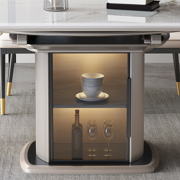 Stone Tabletop Round Extendable Dining Table in White with Storage