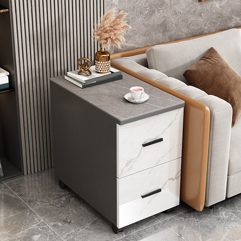 Modern Rectangle Sofa Side Accent Table with Stone Top and Drawers