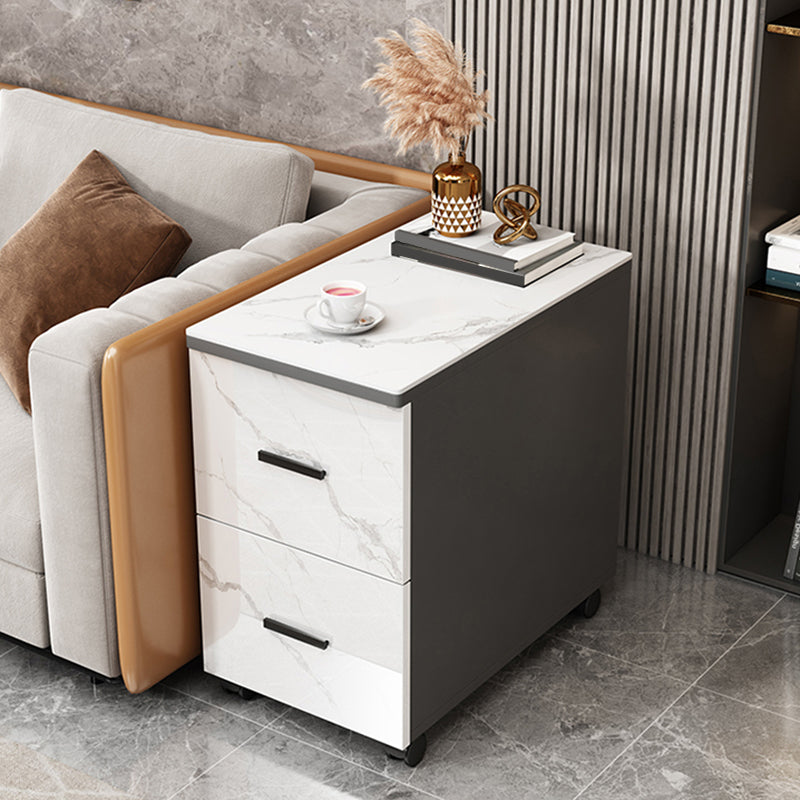 Modern Rectangle Sofa Side Accent Table with Stone Top and Drawers