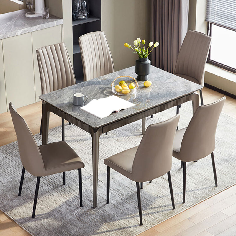 Gray Contemporary Rectangular Stone Dining Table with Solid Wood Legs