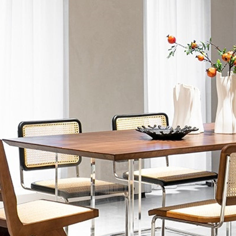 Modern Rectangular Brown Walnut Top Dining Table with Acrylic Clear Double Pedestal