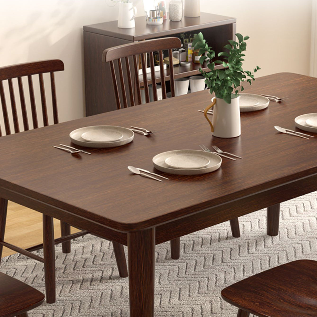 Modern Brown Rubberwood Top Dining Table with 4 Solid Wood Legs