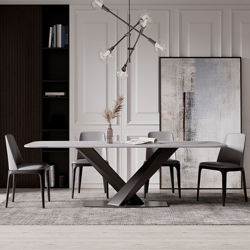 Modern Stone Top White Rectangular Dining Table with Black X-Base