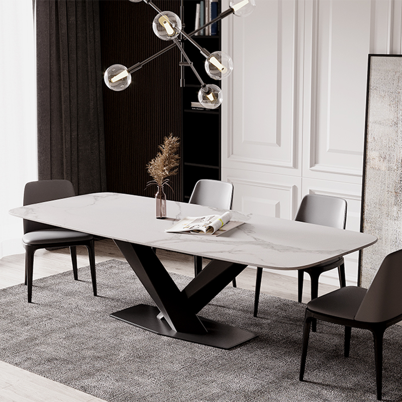 Modern Stone Top White Rectangular Dining Table with Black X-Base
