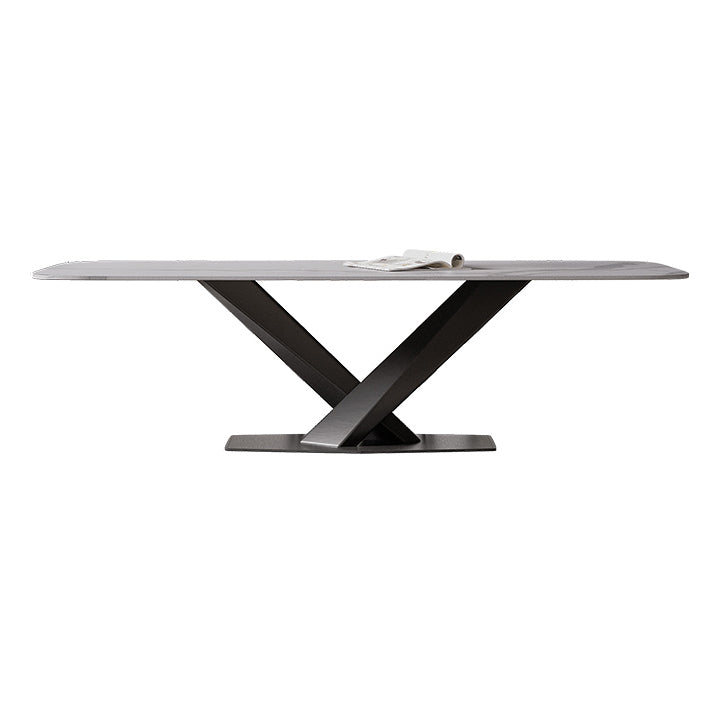 Modern Stone Top White Rectangular Dining Table with Black X-Base