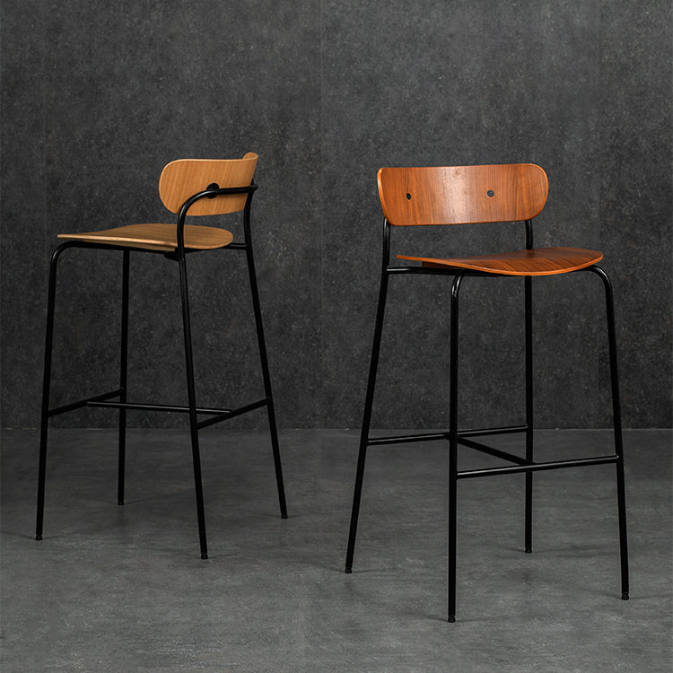 Contemporary Backrest Solid Wood and Metal Counter High Stool with 4 Legs
