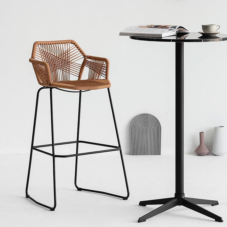 Modern Style Wicker Low Back Armed Bar Stool with Metal Legs