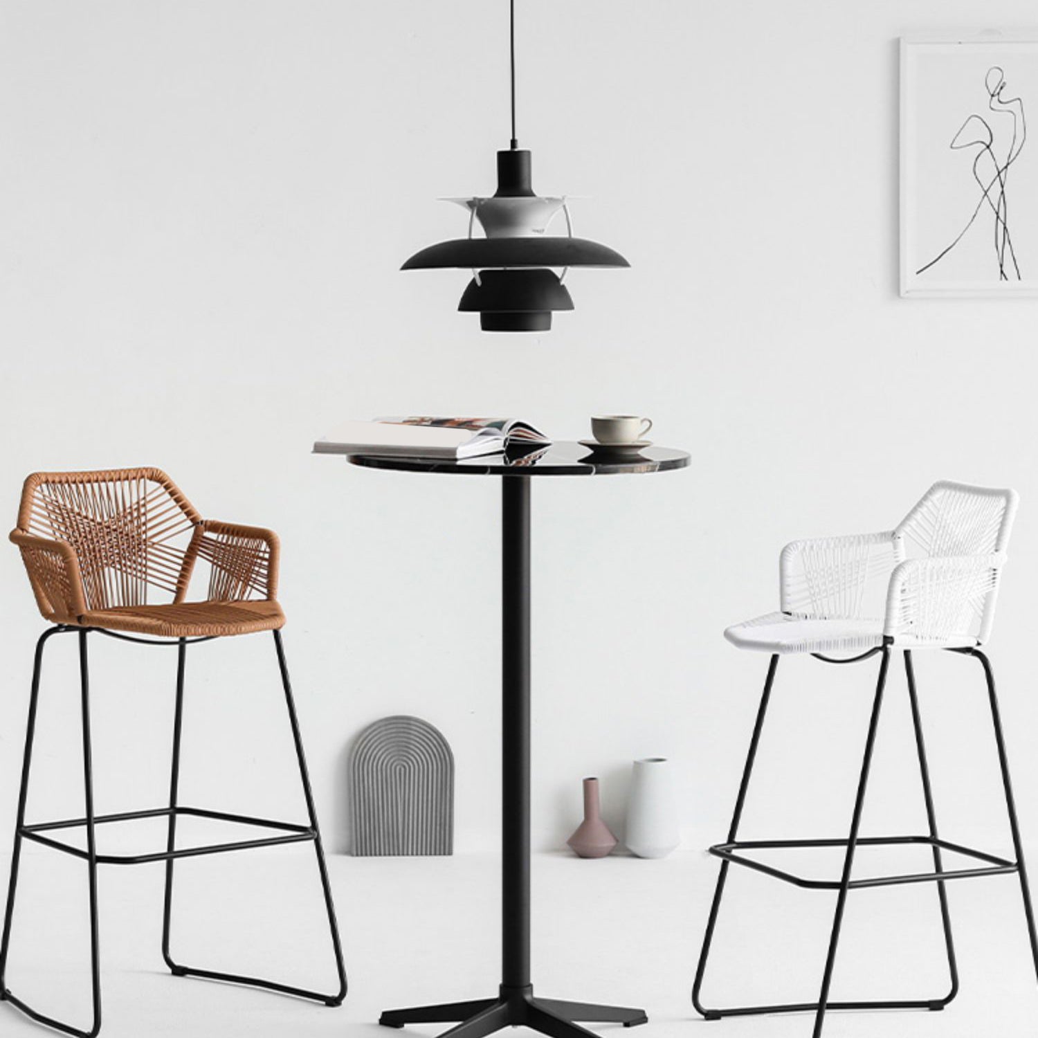Modern Style Wicker Low Back Armed Bar Stool with Metal Legs