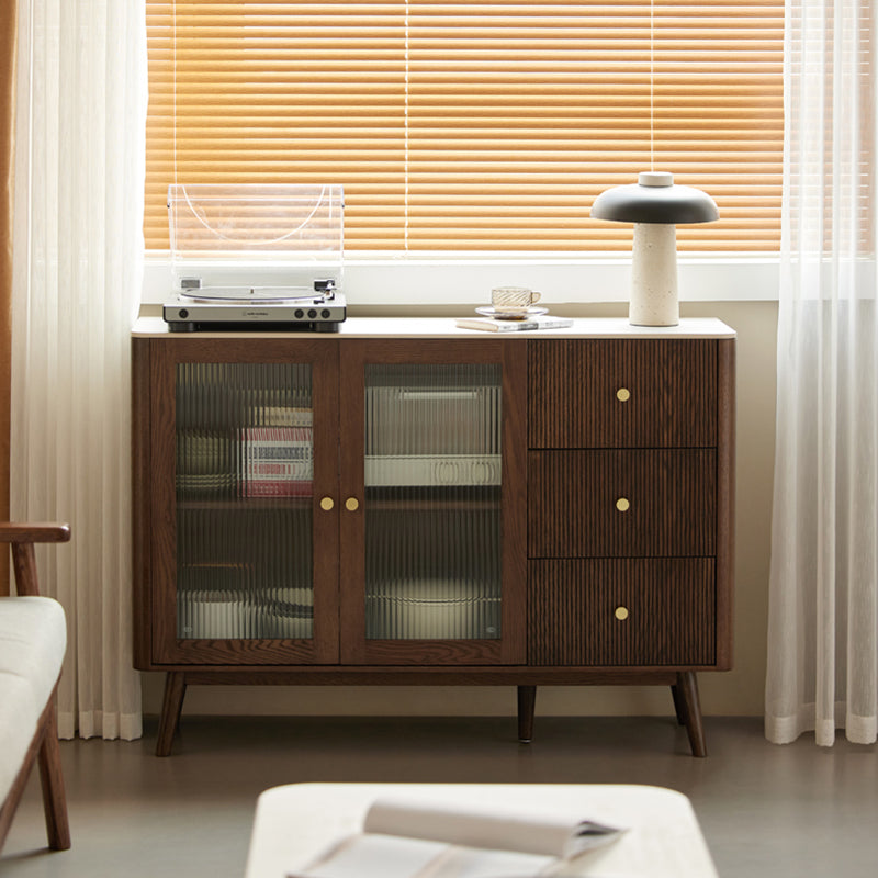 Cherry Wood Sideboard Modern Stone Top with Glass Door in Espresso
