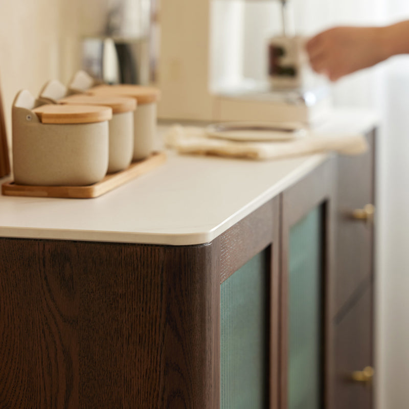 Cherry Wood Sideboard Modern Stone Top with Glass Door in Espresso