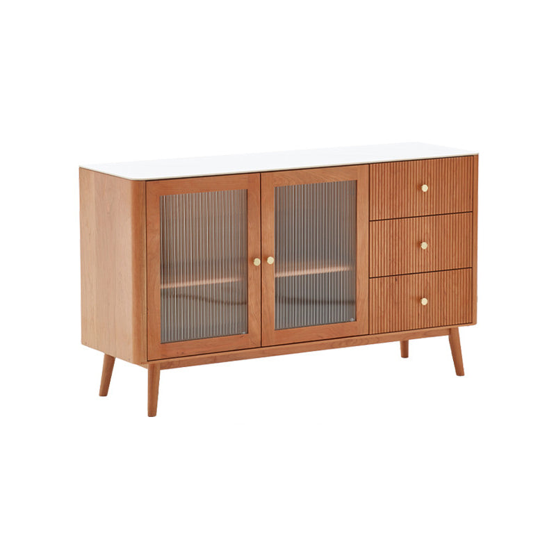 Stone Top Sideboard Modern Cherry Wood with Glass Door in Teak