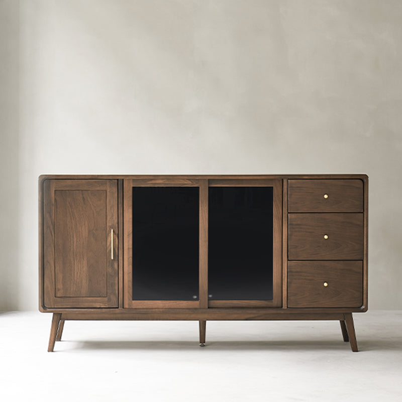 Espresso Walnut Wood Sideboard Modern Glass Door with 3 Drawers