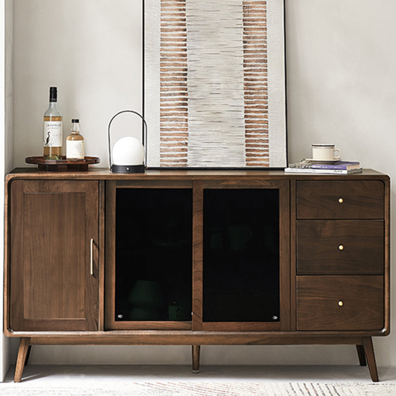 Espresso Walnut Wood Sideboard Modern Glass Door with 3 Drawers