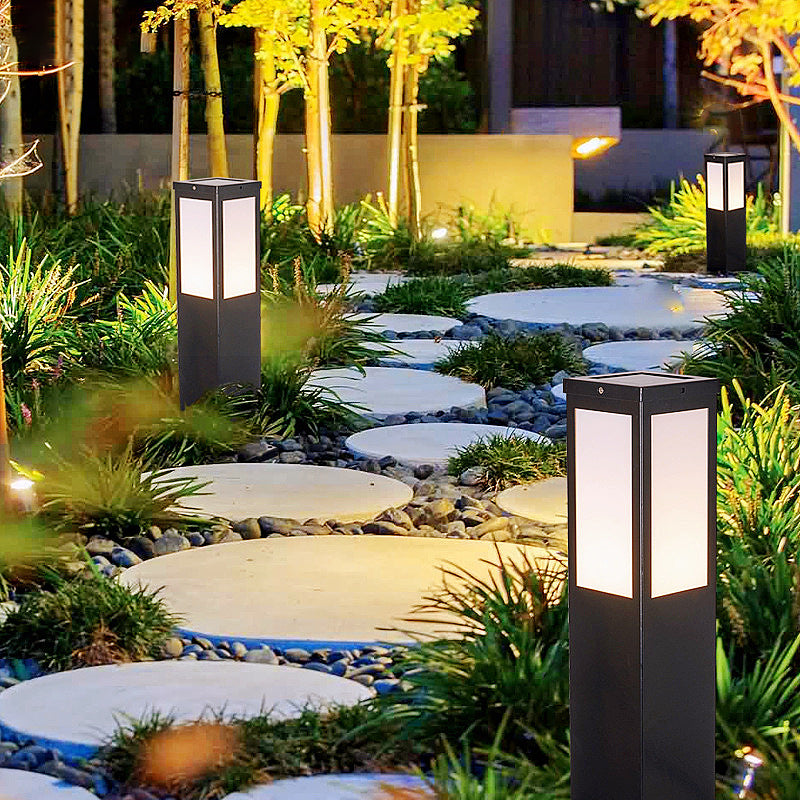 Contemporary Rectangular Solar Pillar Lamp in Black for Courtyard