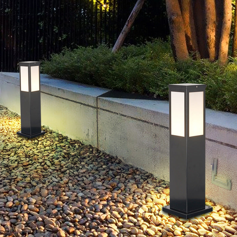 Contemporary Rectangular Solar Pillar Lamp in Black for Courtyard