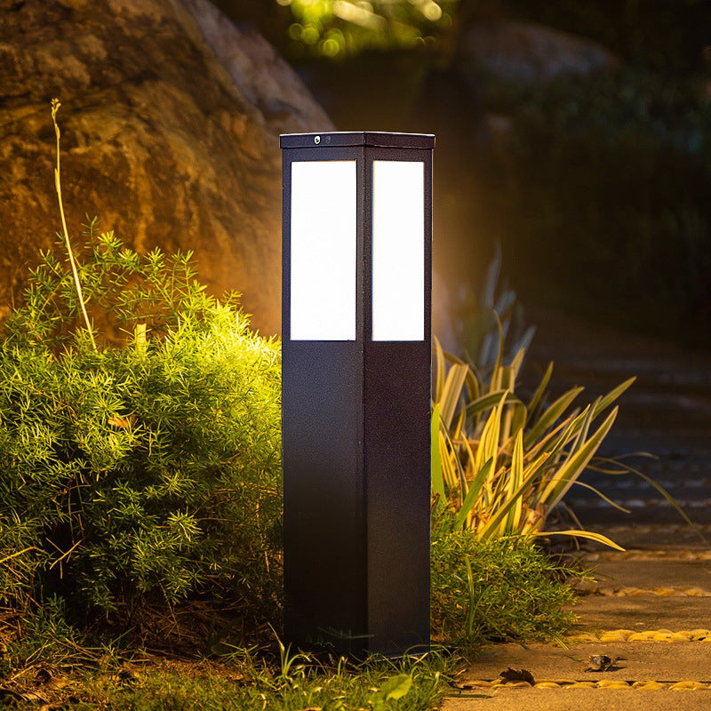 Contemporary Rectangular Solar Pillar Lamp in Black for Courtyard