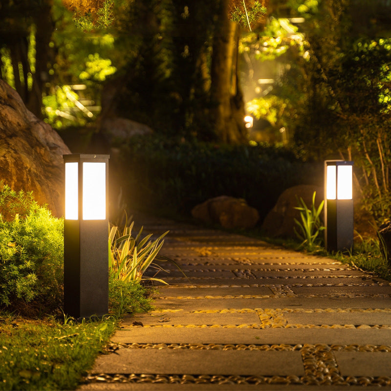 Contemporary Rectangular Solar Pillar Lamp in Black for Courtyard