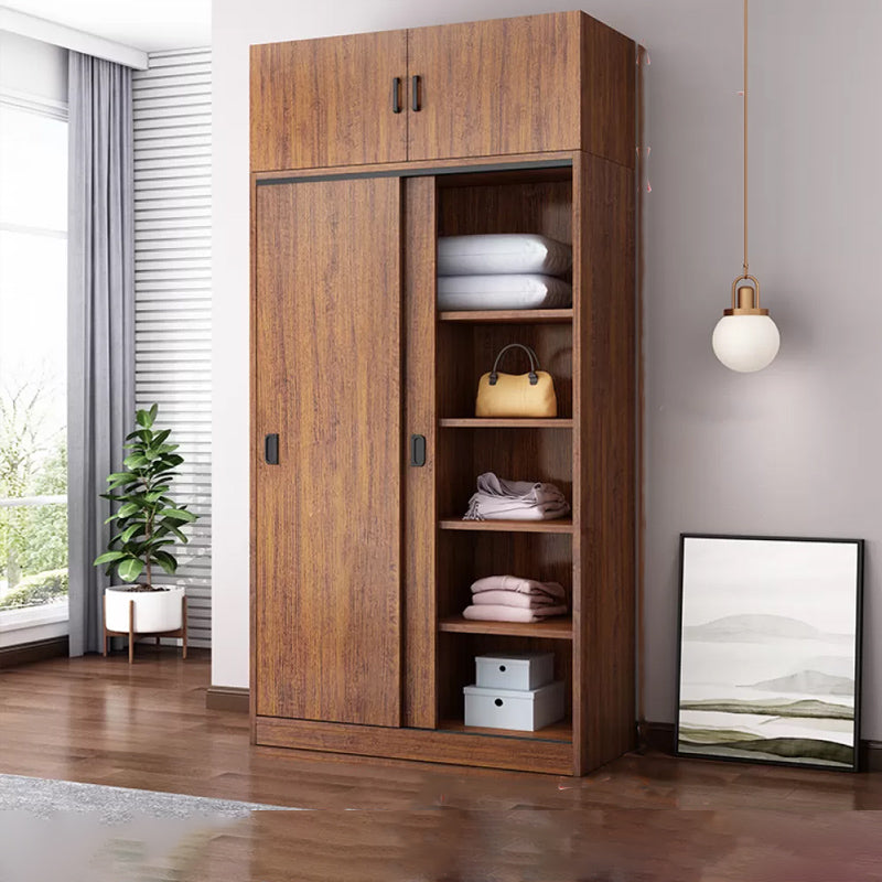 Artificial Wood Wardrobe Brown Wardrobe with Sliding Doors for Bedroom