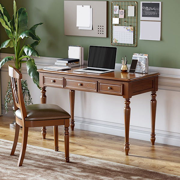 Solid Wood Brown 3-Drawer Makeup Vanity Desk Table with Stool Set