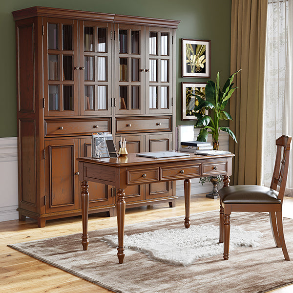 Solid Wood Brown 3-Drawer Makeup Vanity Desk Table with Stool Set