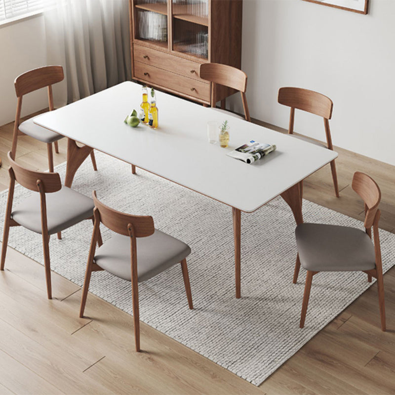 Modern Rectangular Stone Top White Dining Table with 4 Solid Wood Legs