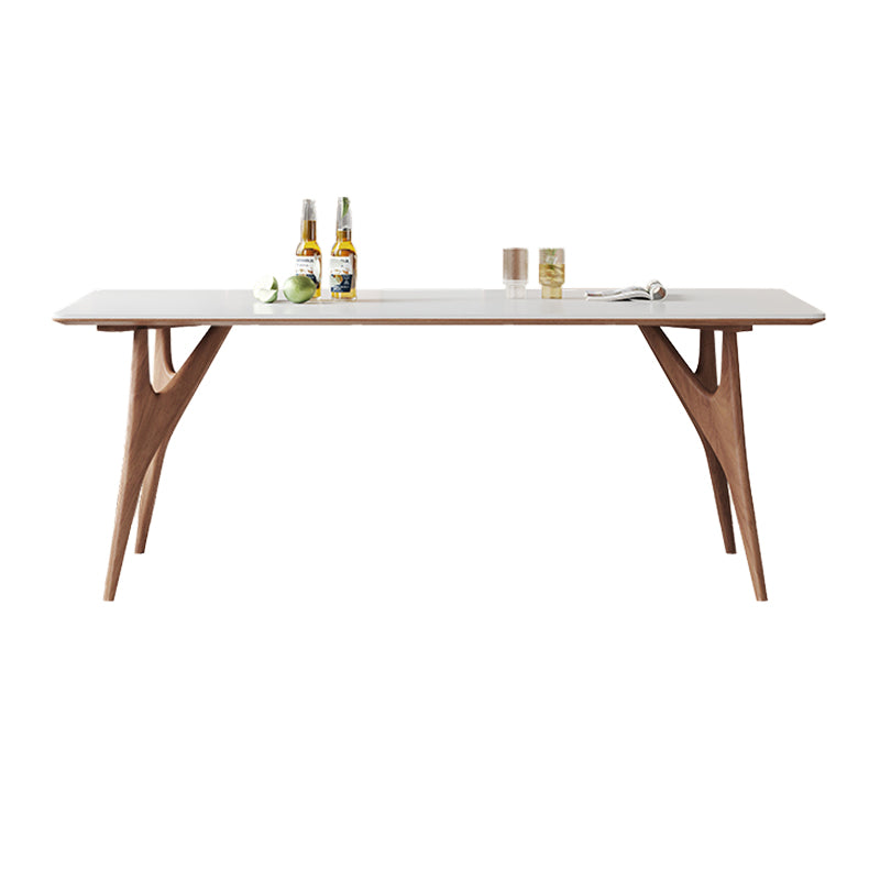 Modern Rectangular Stone Top White Dining Table with 4 Solid Wood Legs