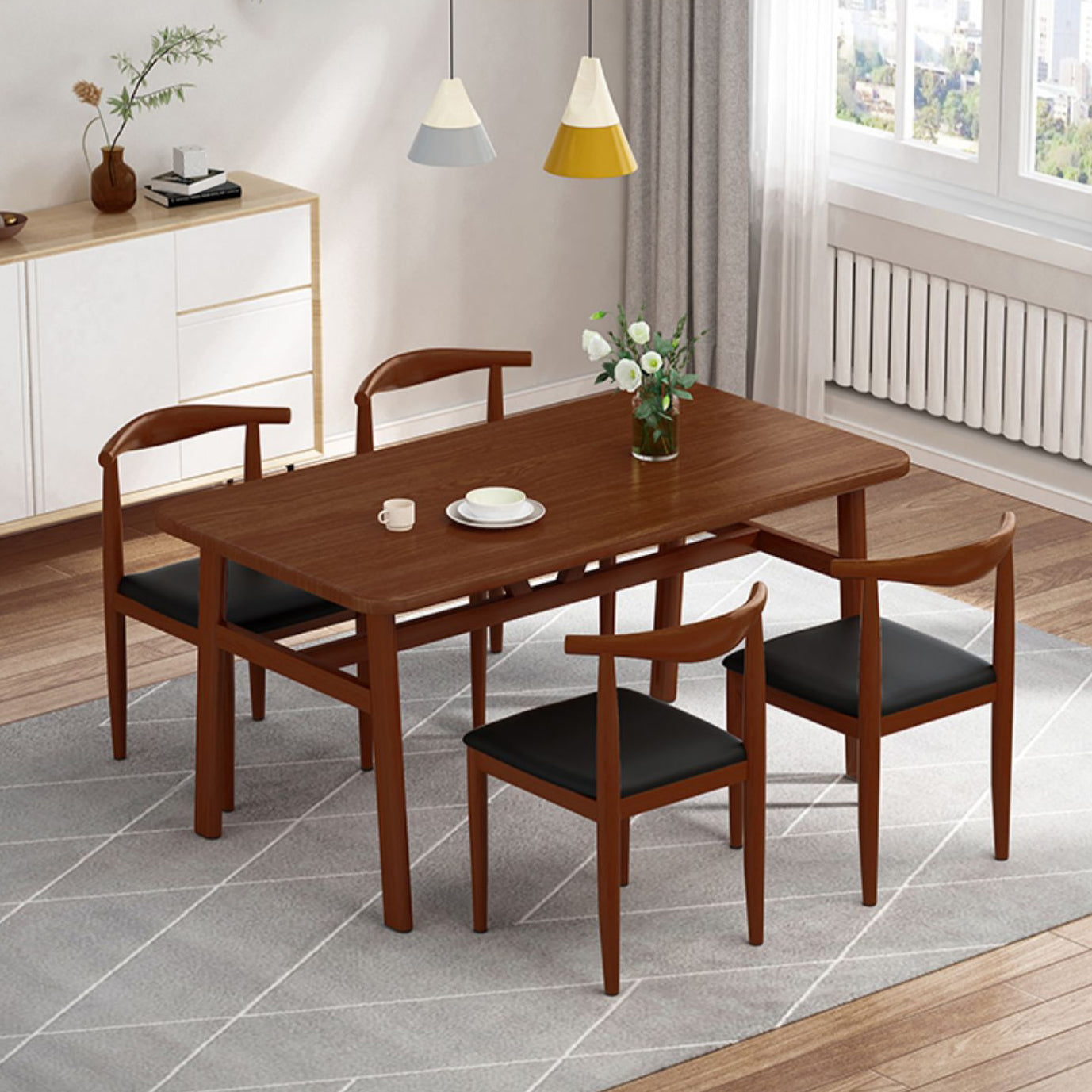 Contemporary Rectangular Wooden Dining Table with Stainless Steel Trestle