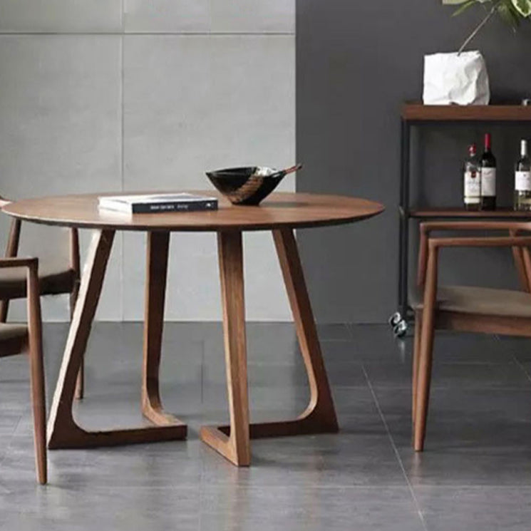 Modern Round Brown Rubberwood Dining Table with Double Pedestal