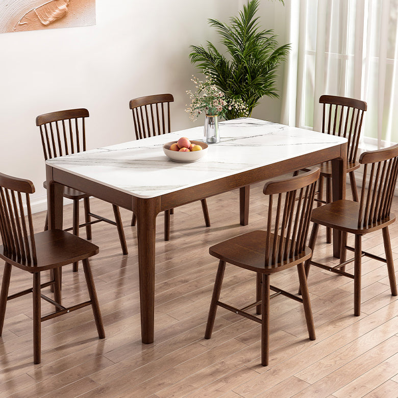 Modern Rectangular Stone Top White Dining Table with 4 Brown Rubberwood Legs