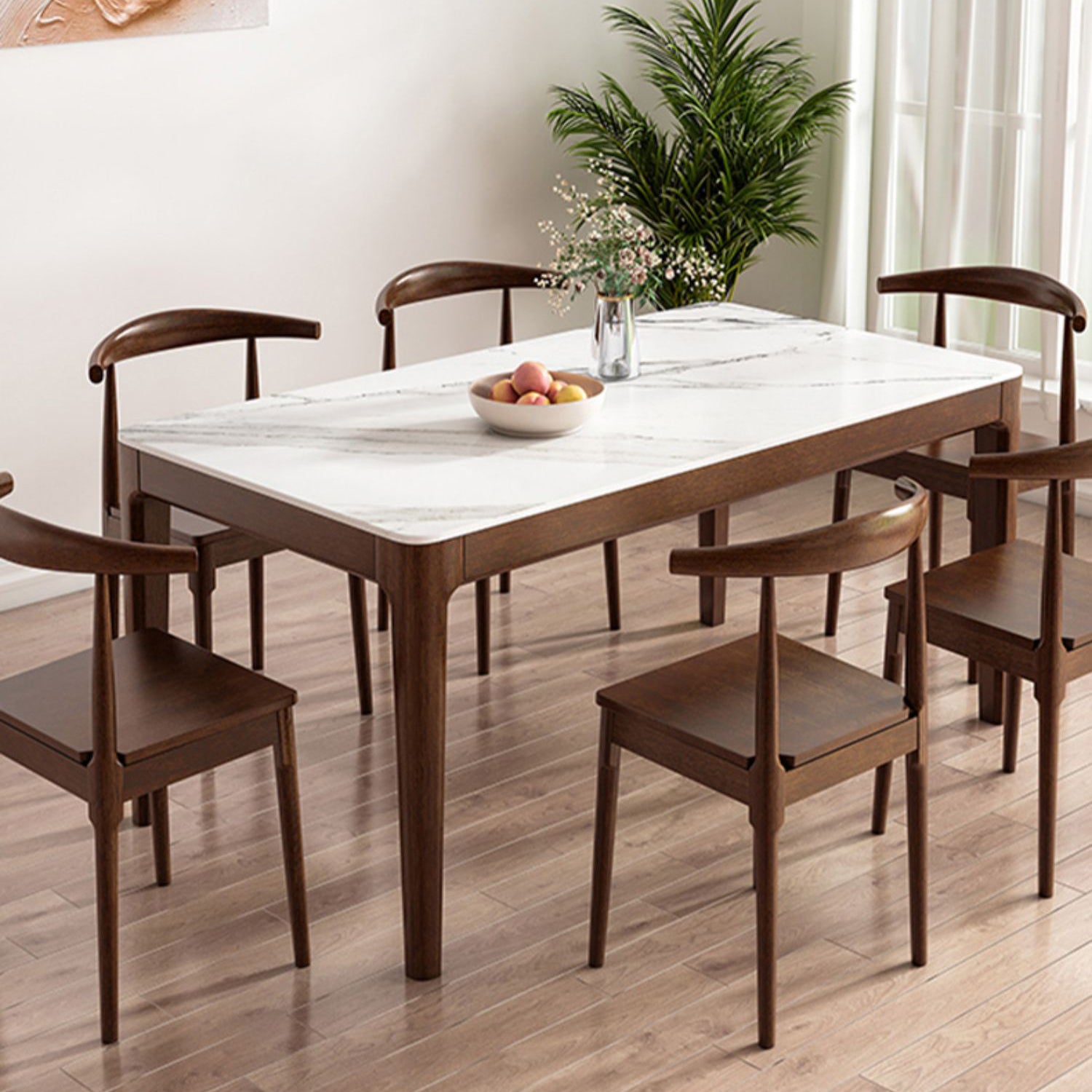 Modern Rectangular Stone Top White Dining Table with 4 Brown Rubberwood Legs