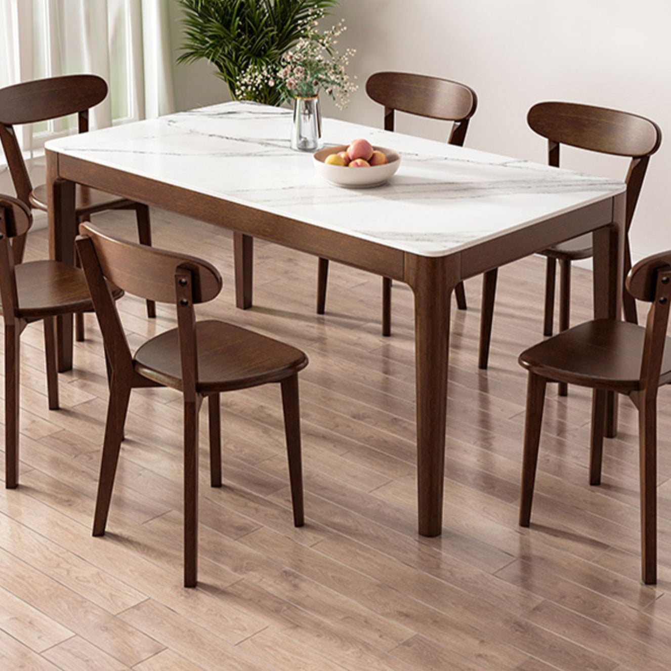 Modern Rectangular Stone Top White Dining Table with 4 Brown Rubberwood Legs