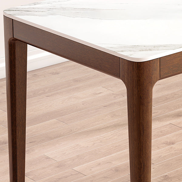 Modern Rectangular Stone Top White Dining Table with 4 Brown Rubberwood Legs