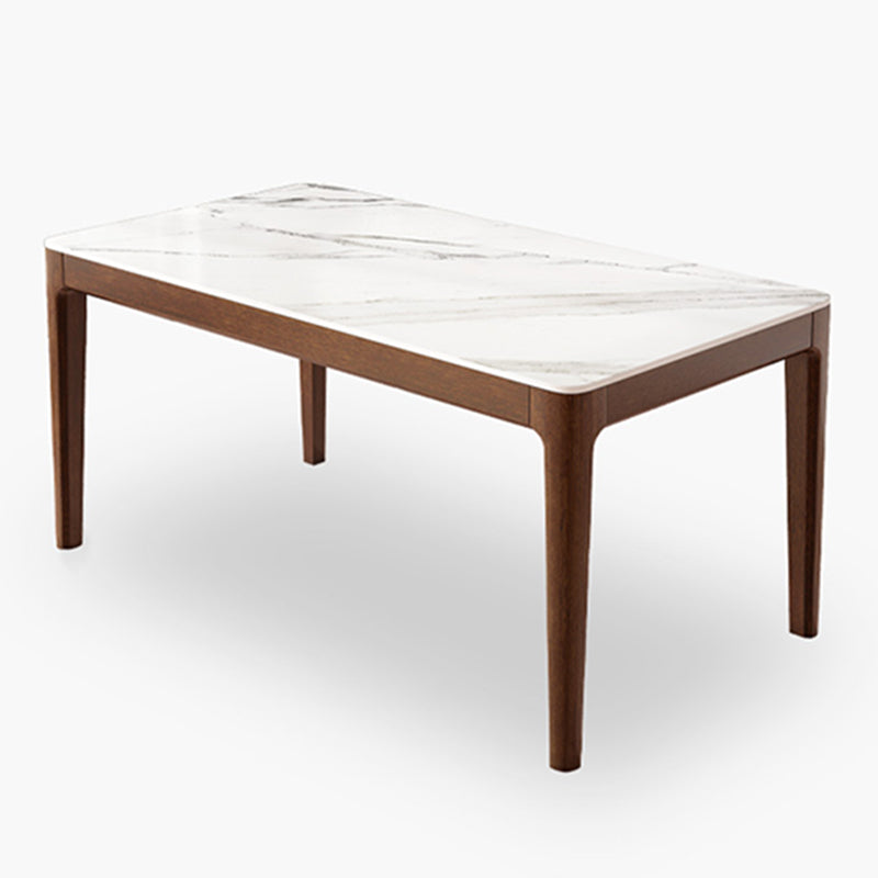 Modern Rectangular Stone Top White Dining Table with 4 Brown Rubberwood Legs