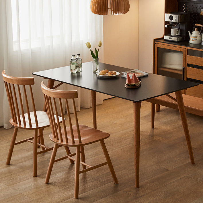Modern Rectangular Black Stone Top Dining Table with 4 Solid Wood Legs