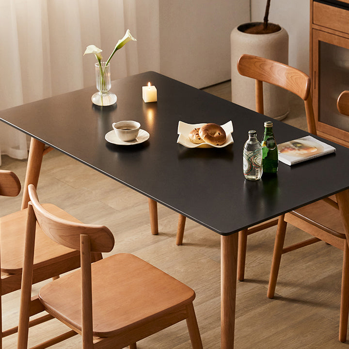Modern Rectangular Black Stone Top Dining Table with 4 Solid Wood Legs