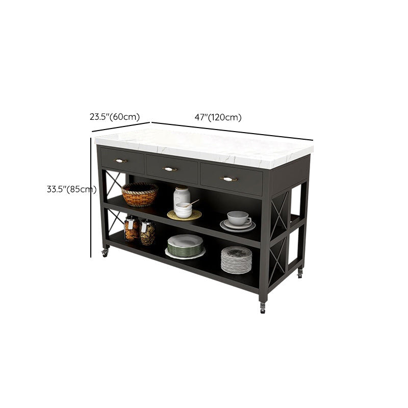 Faux Marble Top Kitchen Island Cart Modern Rectangle with 3 Drawers