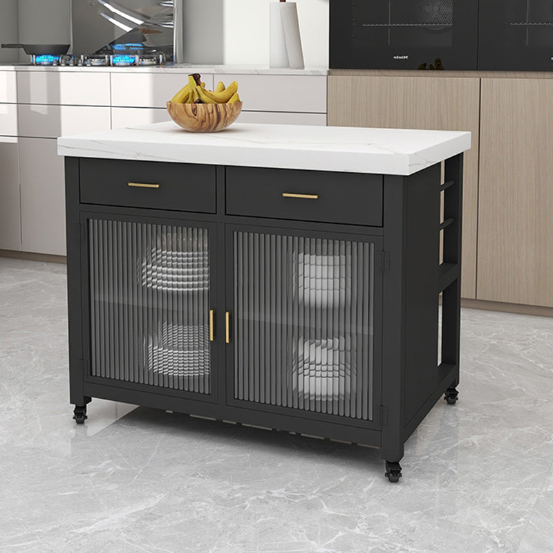 Faux Marble Top Kitchen Island Cart Modern Rectangle with 2 Drawers