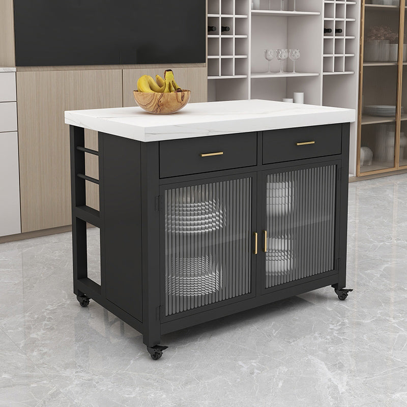 Faux Marble Top Kitchen Island Cart Modern Rectangle with 2 Drawers