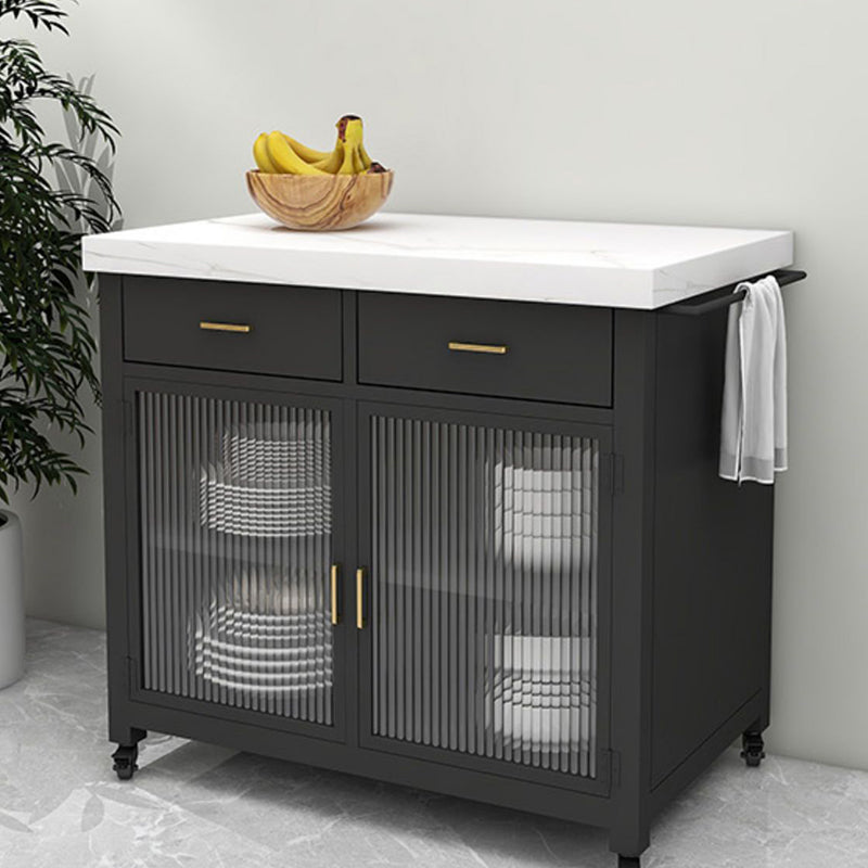 Faux Marble Top Kitchen Island Cart Modern Rectangle with 2 Drawers