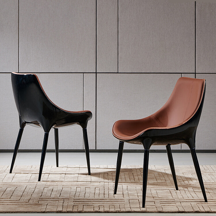 Glam Curved Dining Chair Faux Leather Dining Chairs with Black Legs