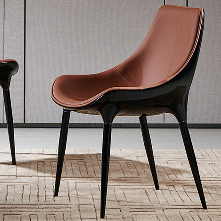Glam Curved Dining Chair Faux Leather Dining Chairs with Black Legs