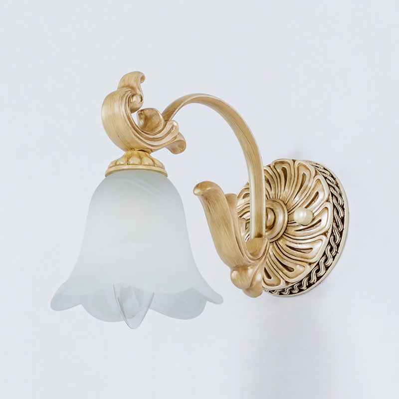 1/2/3-Head Flower Vanity Light Fixture Colonial Style Gold Opal Glass Wall Mounted Lamp for Bathroom