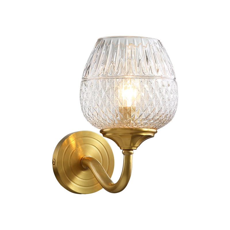 1 Light Wall Lighting Traditional Indoor Wall Sconce Lamp with Cup Shape Clear Latticed Glass Shade in Brass