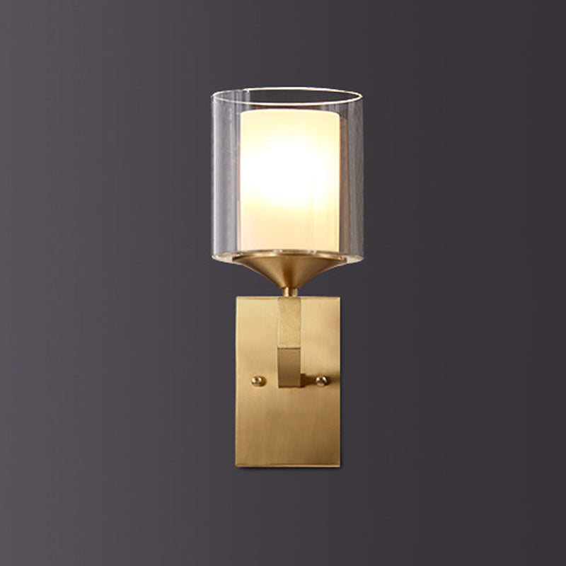 1 Bulb Wall Lamp Fixture Colonial Style 2-Tier Cylindrical Clear and Opal Glass Sconce Lighting in Brass