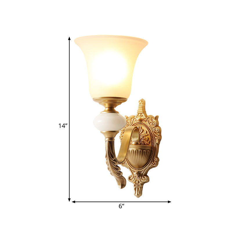 Opal Glass Bell Up Sconce Lamp Traditional 1-Light Stairway Wall Mount Light Fixture in Brass